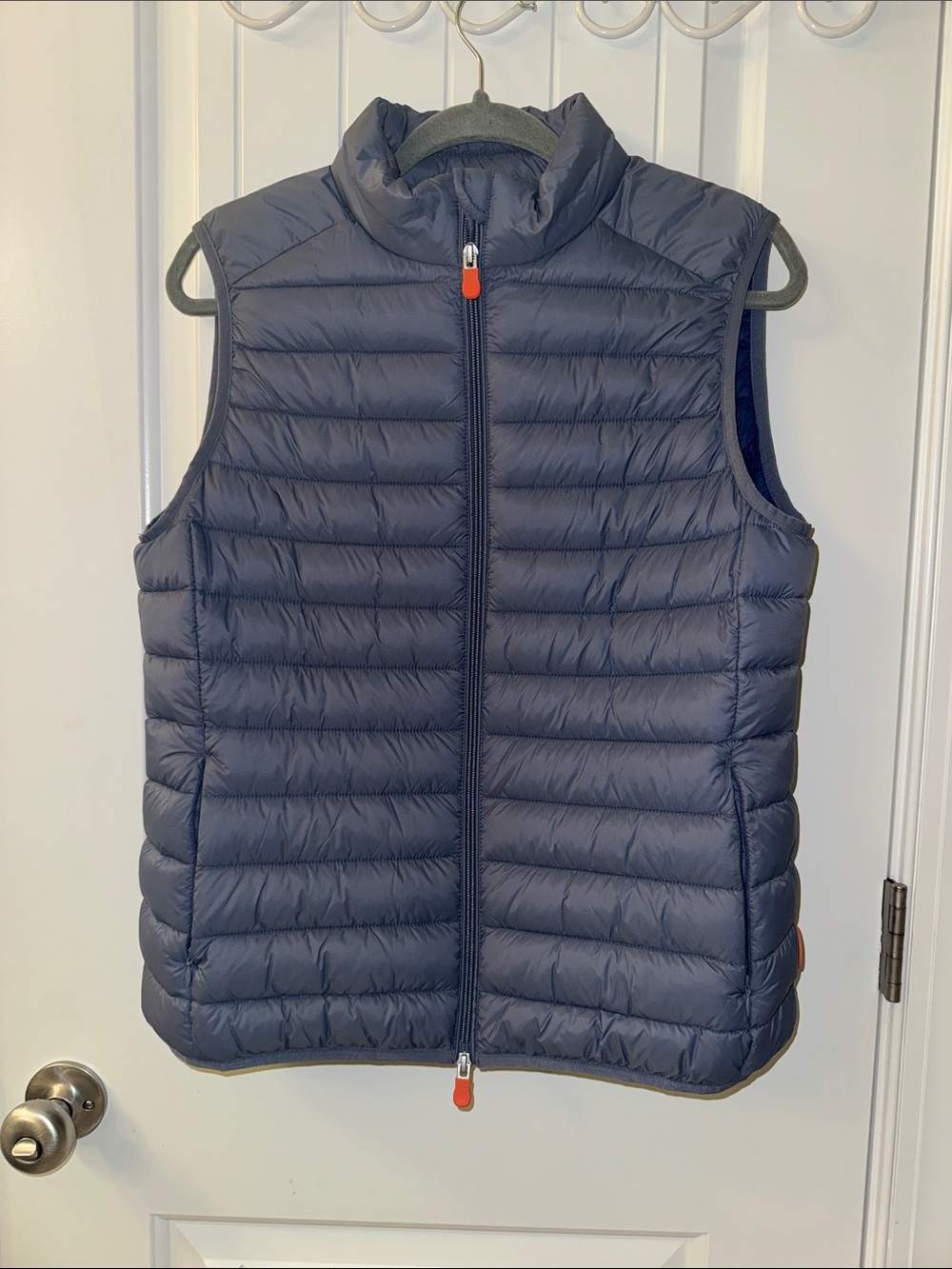 SAVE THE DUCK Navy Quilted Puffer Vest with Orange Zipper Pulls